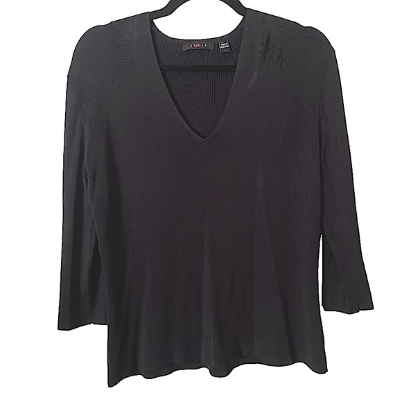 Cyrus Black Long‎ Sleeve V-Neck Silky Fabric Fitted Top - Picture 1 of 5